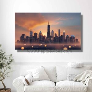Happie Vibes Sunset Metropolis – Misty City Wall Art – Sunset Skyline Home Decor Painting