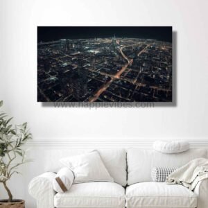 Happie Vibes Urban Gridlock – Aerial Cityscape Wall Art – Dramatic Night Urban View Print