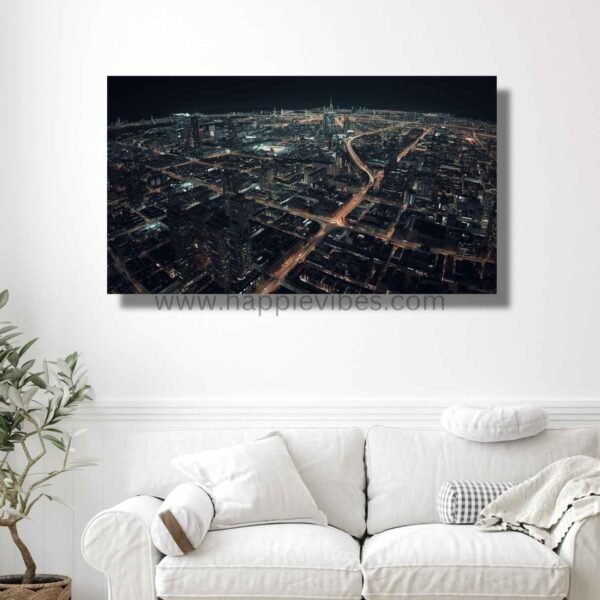 Happie Vibes Urban Gridlock – Aerial Cityscape Wall Art – Dramatic Night Urban View Print
