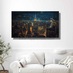 Happie Vibes City of Lights – NYC Night Skyline Art – City Lights Wall Decor Painting