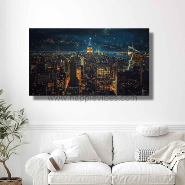 Happie Vibes City of Lights – NYC Night Skyline Art – City Lights Wall Decor Painting