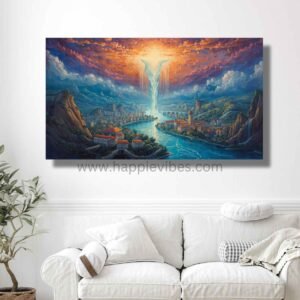 Happie Vibes Celestial Ganga Flow – Celestial Waterfall Art – Universe Blessing Cityscape Painting