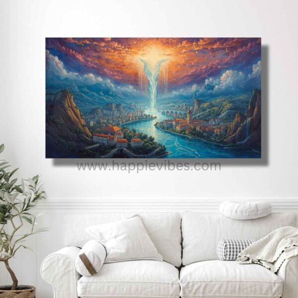 Happie Vibes Celestial Ganga Flow – Celestial Waterfall Art – Universe Blessing Cityscape Painting