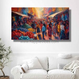 Happie Vibes Marketplace Glow – Vibrant Marketplace Wall Art – Colorful Street Market Print