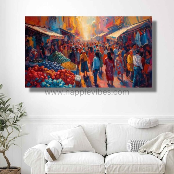 Happie Vibes Marketplace Glow – Vibrant Marketplace Wall Art – Colorful Street Market Print
