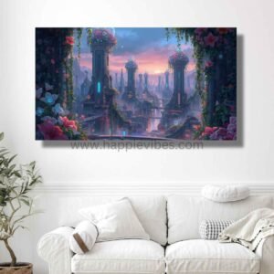 Happie Vibes Symphony of Tomorrow – Bio-Futuristic City Art – Tech Floral Wall Art