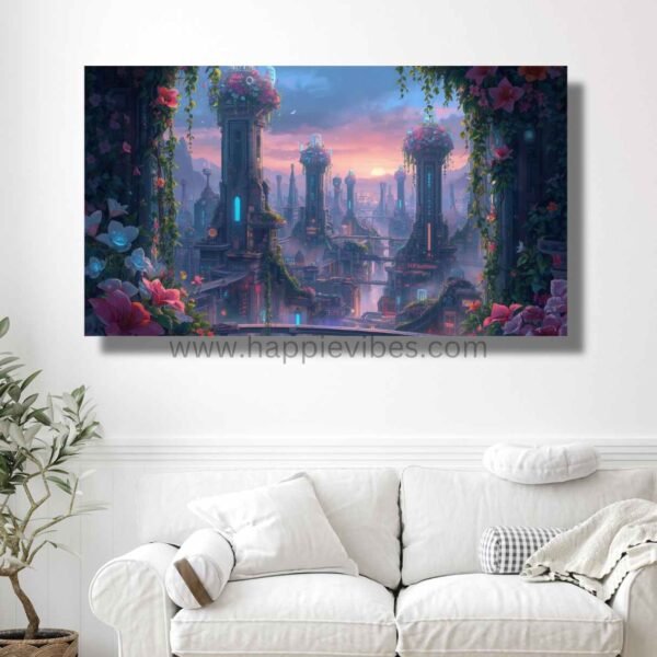 Happie Vibes Symphony of Tomorrow – Bio-Futuristic City Art – Tech Floral Wall Art