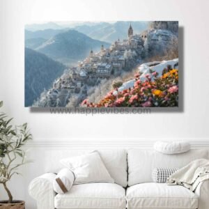 Happie Vibes Alpine Bloom – Snowy Village Wall Art – Winter Floral Mountain Painting