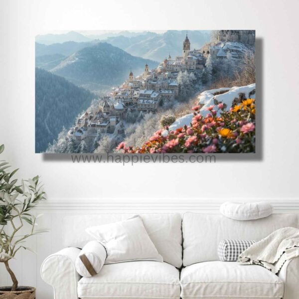 Happie Vibes Alpine Bloom – Snowy Village Wall Art – Winter Floral Mountain Painting