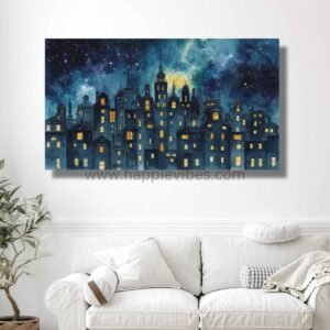 Happie Vibes Celestial City Watch – Starry Night Cityscape – Cozy Home Decor Painting