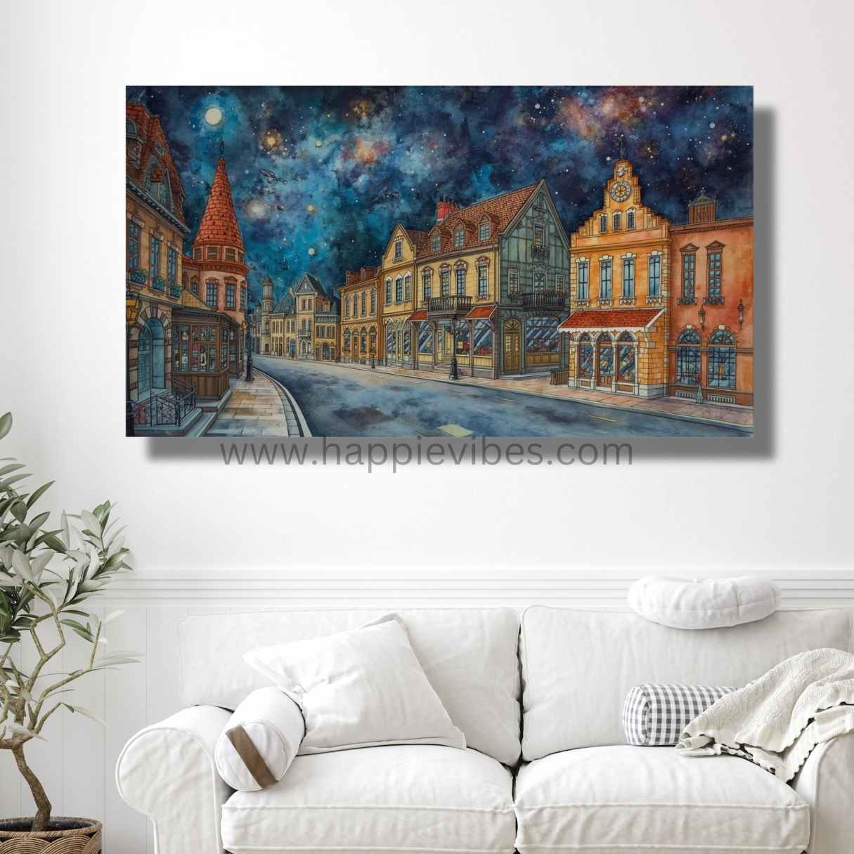 Happie Vibes Starfall Alley – Dreamy Cityscape Wall Art – Starry Night Town Painting