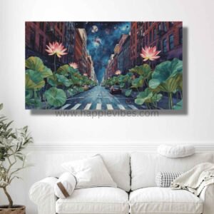 Happie Vibes Urban – Celestial Street Wall Art – Lotus Cityscape Print