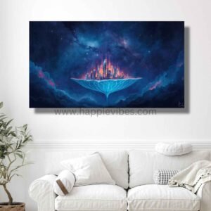 Happie Vibes Aetherium Ascent – Floating City Wall Art – Cosmic Cityscape Painting