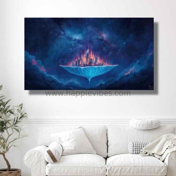 Happie Vibes Aetherium Ascent – Floating City Wall Art – Cosmic Cityscape Painting