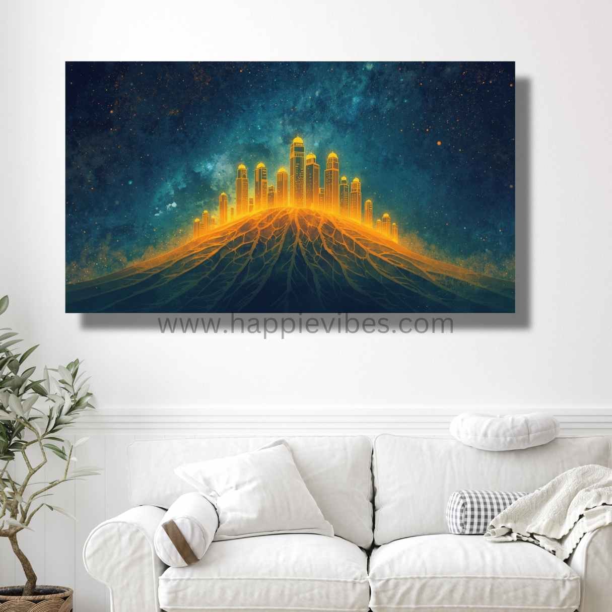 Happie Vibes Golden Aetheria – Celestial City Wall Art – City on Golden Celestial Sky Print