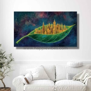 Happie Vibes Guardian Spire – Cosmic City Wall Art – Golden City on Leaf Print