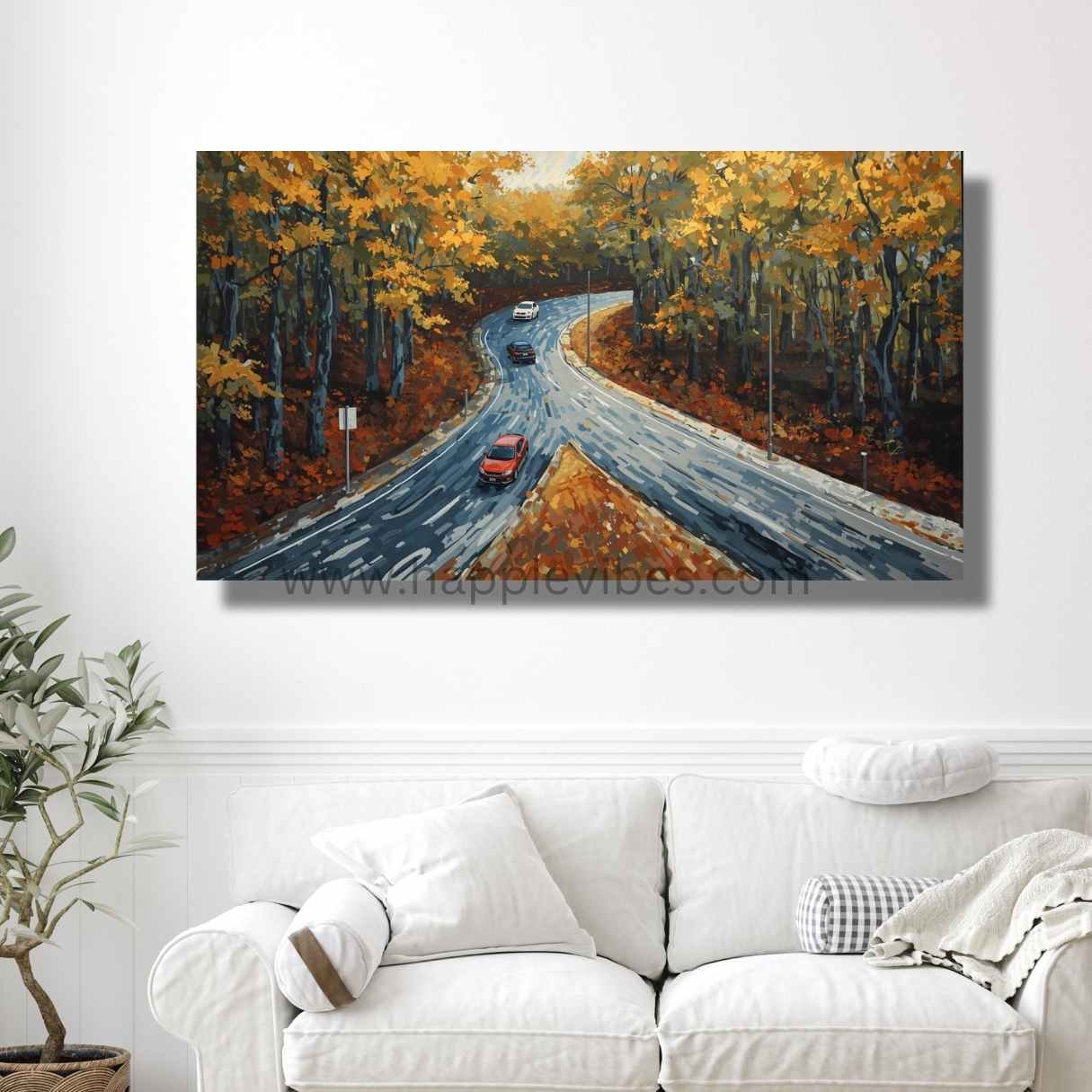 Happie Vibes Autumn's Journey – Autumn Forest Road Canvas Art – Fall Travel Painting