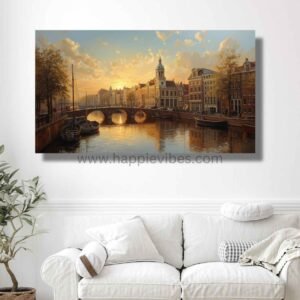 Happie Vibes Golden Canal Glow – Amsterdam Canal Art – European Cityscape Wall Decor