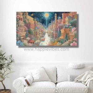 Happie Vibes Moonlit Serenade – Whimsical Cityscape Wall Art – Pastel Dream Town Print