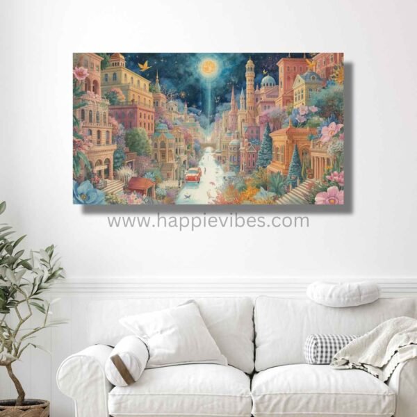 Happie Vibes Moonlit Serenade – Whimsical Cityscape Wall Art – Pastel Dream Town Print