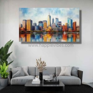 Happie Vibes Manhattan Morning Light – NYC Skyline Wall Art – Vibrant City Painting