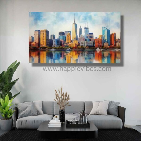 Happie Vibes Manhattan Morning Light – NYC Skyline Wall Art – Vibrant City Painting