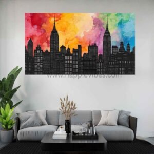 Happie Vibes Metropolitan Dream – Watercolor NYC Skyline Art – Vibrant City Painting
