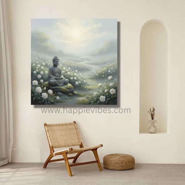 Happie Vibes White Rose Meditation – Buddha Spiritual Art – White Flower Zen Garden Decor Print