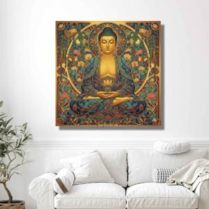 Happie Vibes Celestial Mandala – Art Nouveau Buddha Wall Art – Stained Glass Zen Decor Print
