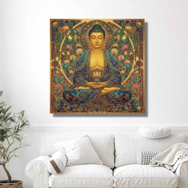 Happie Vibes Celestial Mandala – Art Nouveau Buddha Wall Art – Stained Glass Zen Decor Print