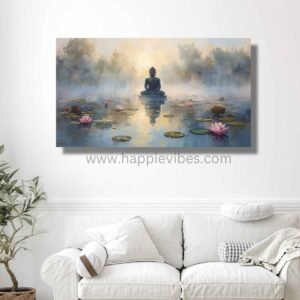 Happie Vibes Misty Lotus Contemplation – Buddha Meditation Wall Art – Tranquil Reflection Print