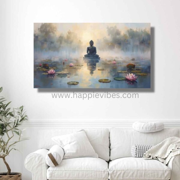 Happie Vibes Misty Lotus Contemplation – Buddha Meditation Wall Art – Tranquil Reflection Print