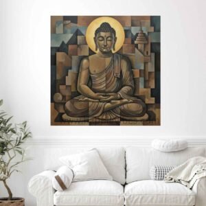 Happie Vibes Cubist Samadhi – Geometric Buddha Wall Art – Abstract Zen Office Decor Print