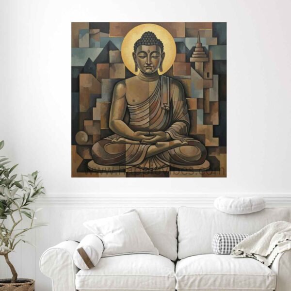 Happie Vibes Cubist Samadhi – Geometric Buddha Wall Art – Abstract Zen Office Decor Print