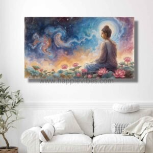 Happie Vibes Cosmic Serenity – Cosmic Buddha Wall Art – Celestial Lotus Zen Decor Print