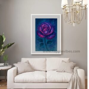 Happie Vibes Celestial Bloom – Cosmic Purple Rose Canvas Painting Artwork – Floral Wall Art