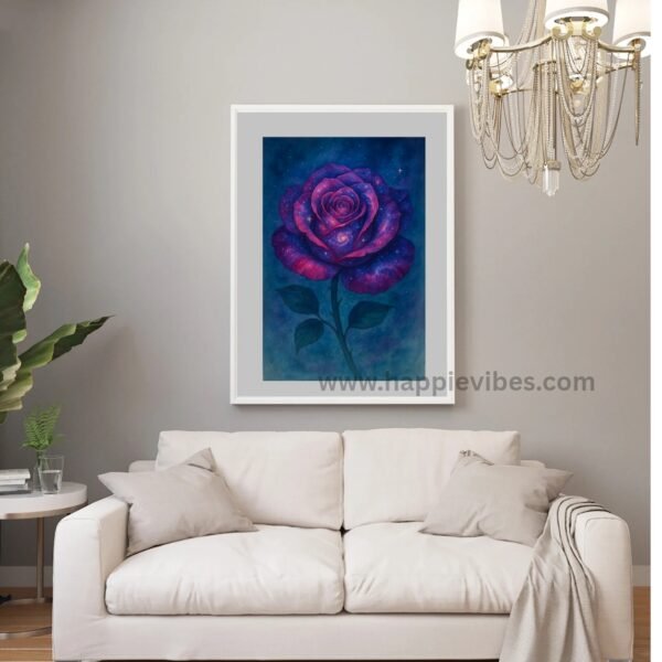 Happie Vibes Celestial Bloom – Cosmic Purple Rose Canvas Painting Artwork – Floral Wall Art