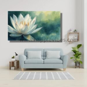 Happie Vibes Morning Radiance – White Lotus Canvas Painting Artwork – Serene Floral Wall Art