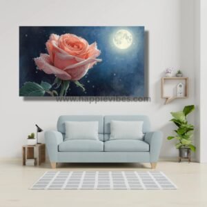 Happie Vibes Moonlit Whisper – Pink Rose Canvas Painting Artwork – Moonlight Floral Wall Art