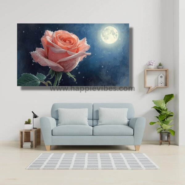 Happie Vibes Moonlit Whisper – Pink Rose Canvas Painting Artwork – Moonlight Floral Wall Art