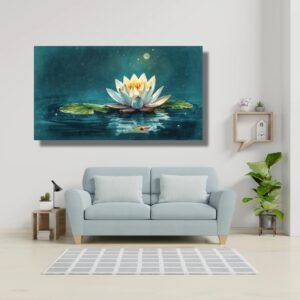 Happie Vibes Lunar Serenity – Water Lily Canvas Painting Artwork – Moonlit Floral Wall Art