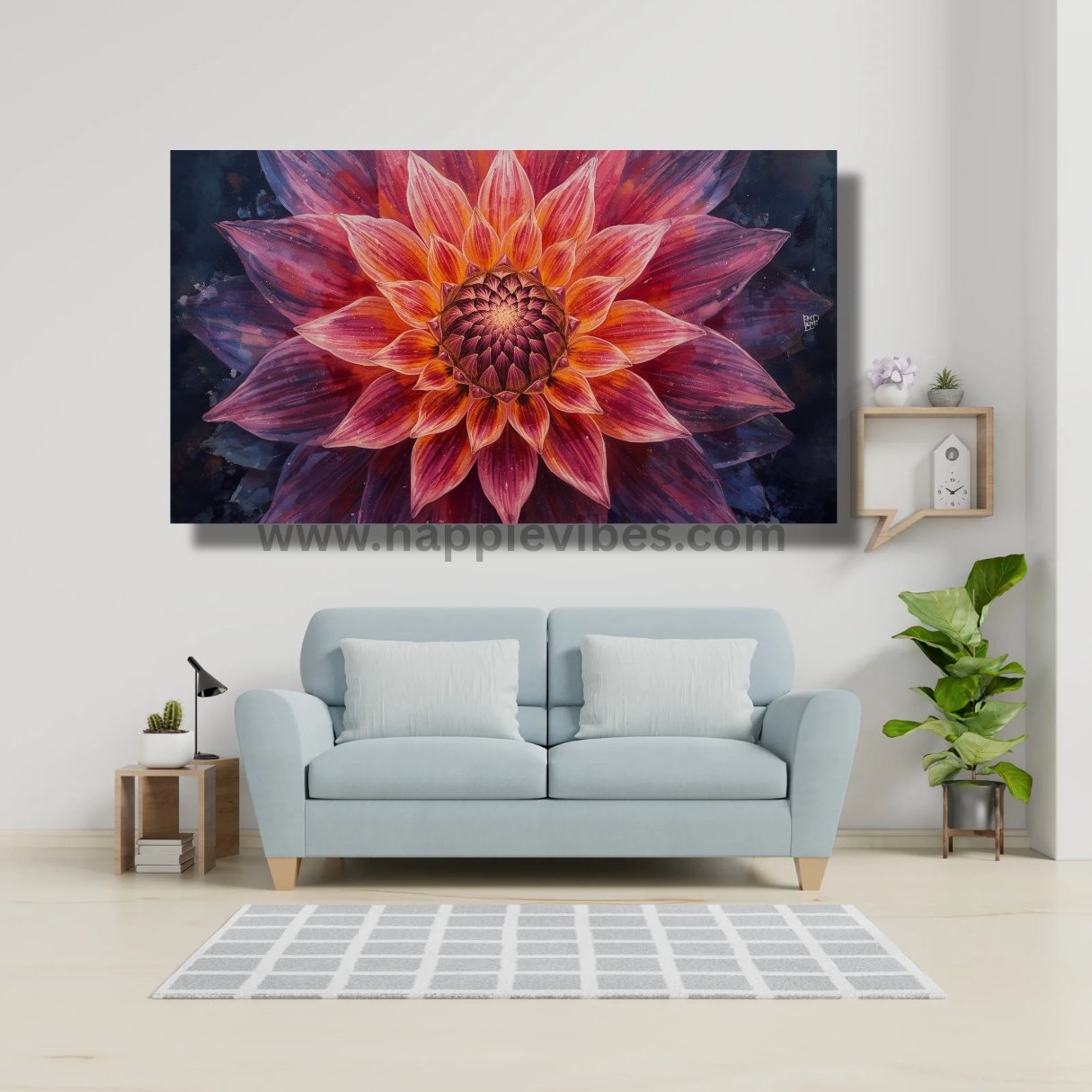 Happie Vibes Eternal Radiance – Crimson Dahlia Canvas Painting Artwork – Glowing Floral Wall Art