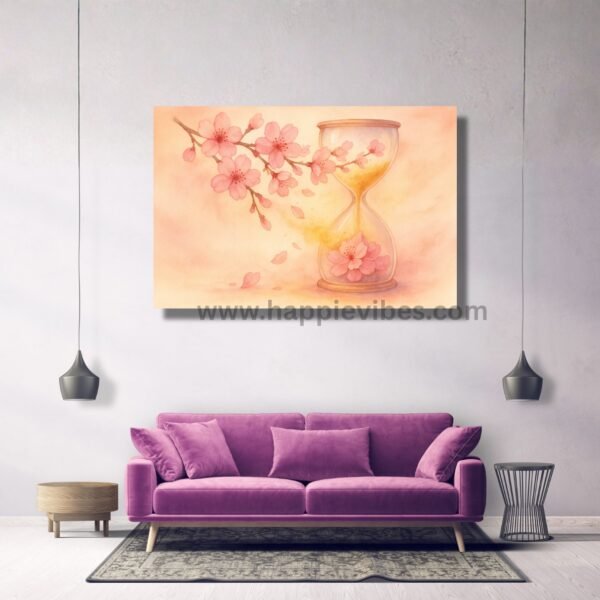 Happie Vibes Moments in Bloom – Cherry Blossom Hourglass Canvas Painting Artwork – Floral Wall Decor