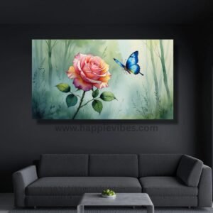 Happie Vibes Whisper of Wings – Rose and Butterfly Imagination Canvas Painting Artwork – Dreamy Floral Wall Art