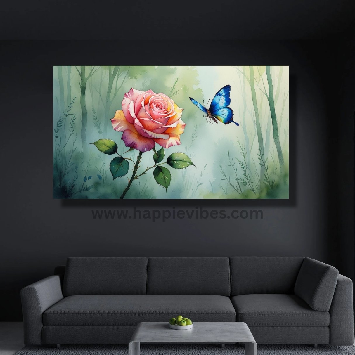 Happie Vibes Whisper of Wings – Rose and Butterfly Imagination Canvas Painting Artwork – Dreamy Floral Wall Art