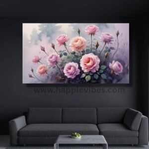 Happie Vibes Whispers of Dawn – Pink Roses Imagination Canvas Painting Artwork – Dreamy Floral Imagination Wall Art