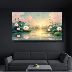 Happie Vibes Morning Serenity – Lotus Lake Imagination Canvas Painting Artwork – Peaceful Floral Imagination Wall Art