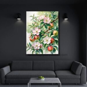 Happie Vibes Blossoms of Abundance – Apple Flower and Fruit Botanical Canvas Painting Artwork – Botanical Floral Canvas Wall Art