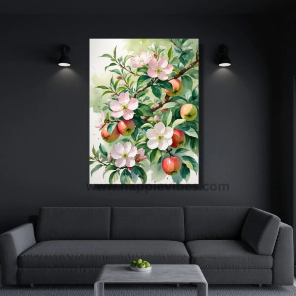 Happie Vibes Blossoms of Abundance – Apple Flower and Fruit Botanical Canvas Painting Artwork – Botanical Floral Canvas Wall Art