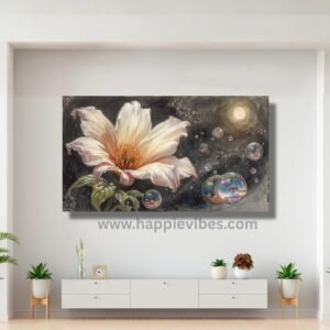 Happie Vibes Celestial Bloom – Mystical White Flower with Floating Worlds Canvas Painting Artwork – Fantasy Floral Wall Art